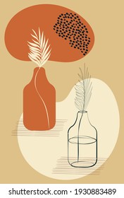 Boho scandinavian wall art in warm earth colors. Vector abstract printable with plants in vases