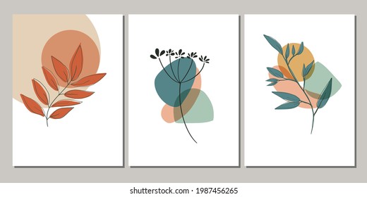Boho Scandinavian-style minimalist posters set. Vector banners with foliage abstract art and hand-drawn shapes. Good for wall art or cover print.