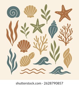 Boho sea clipart set with shells, corals, seaweed, and waves. Perfect for summer designs, invitations, sublimation, packaging, and scrapbooking. 