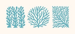 Boho Sea Coral Icon Set. Vector Seaweed and Reef Silhouettes. Matisse Style Ocean Simple Plant. Coastal Summer Beach Illustration for Print, Poster, Logo. Underwater Organic Shapes. Naive Art Coral
