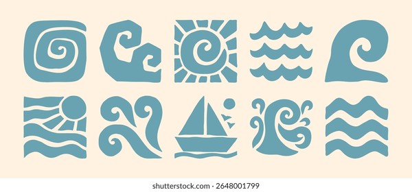 Boho Sea Waves Icons in Naive Art Style. Vector Abstract Square Tropical Illustrations in Freehand for Logo, Patterns, T-Shirt Print, Stickers, Social Media Post and Stories