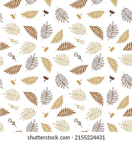 Boho seamless background with leaves and dragonfly. Vector pattern design