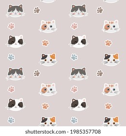Boho seamless colorful pattern with cats and paws. Background for pet shop, veterinary clinic, pet store, zoo, shelter. Flat style design, vector illustration.