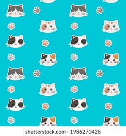 Boho seamless colorful pattern with cats and paws. Background for pet shop, veterinary clinic, pet store, zoo, shelter. Flat style design, vector illustration.