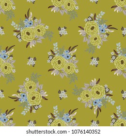 Boho seamless floral pattern with feathers, roses, daisy, marguerite, green and silver twigs. Folk style millefleurs. Plant background for textile, wallpaper, pattern fills, covers, surface, print, wr