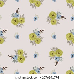 Boho seamless floral pattern with feathers, roses, daisy, marguerite, green and silver twigs. Folk style millefleurs. Plant background for textile, wallpaper, pattern fills, covers, surface, print, wr