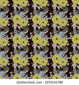 Boho seamless floral pattern with feathers, roses, daisy, marguerite, green and silver twigs. Folk style millefleurs. Plant background for textile, wallpaper, pattern fills, covers, surface, print 