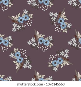 Boho seamless floral pattern with feathers, roses, daisy, marguerite, green and silver twigs. Folk style millefleurs. Plant background for textile, wallpaper, pattern fills, covers, surface, print, wr