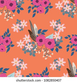 Boho seamless floral pattern with feathers, roses, daisy, marguerite, green and silver twigs. Folk style millefleurs. Plant background for textile, wallpaper, pattern fills, covers, surface, print, wr