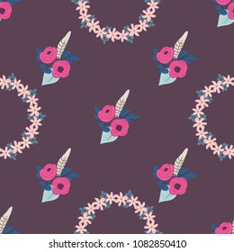 Boho seamless floral pattern with feathers, roses, daisy, marguerite, green and silver twigs. Folk style millefleurs. Plant background for textile, wallpaper, pattern fills, covers, surface, print, wr