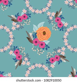 Boho seamless floral pattern with feathers, roses, daisy, marguerite, green and silver twigs. Folk style millefleurs. Plant background for textile, wallpaper, pattern fills, covers, surface, print, wr