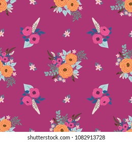 Boho seamless floral pattern with feathers, roses, daisy, marguerite, green and silver twigs. Folk style millefleurs. Plant background for textile, wallpaper, pattern fills, covers, surface, print, wr