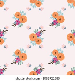Boho seamless floral pattern with feathers, roses, daisy, marguerite, green and silver twigs. Folk style millefleurs. Plant background for textile, wallpaper, pattern fills, covers, surface, print.