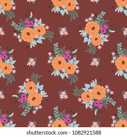 Boho seamless floral pattern with feathers, roses, daisy, marguerite, green and silver twigs. Folk style millefleurs. Plant background for textile, wallpaper, pattern fills, covers, surface, print.