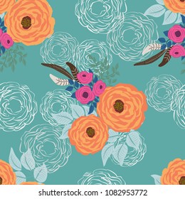 Boho seamless floral pattern with feathers, roses, daisy, marguerite, green and silver twigs. Folk style millefleurs. Plant background for textile, wallpaper, pattern fills, covers, surface, print.