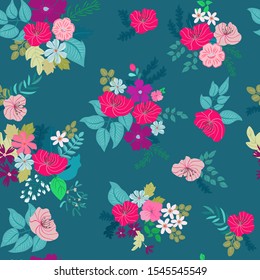 Boho seamless floral pattern with poppy, roses, daisy, marguerite, green and aqua twigs. Folk style millefleurs. Plant background for textile, wallpaper, pattern fills, covers, surface, print, wrap