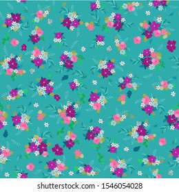 Boho seamless floral pattern with poppy, roses, daisy, marguerite, green and aqua twigs. Folk style millefleurs. Plant background for textile, wallpaper, pattern fills, covers, surface, print, wrap