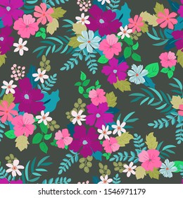 Boho seamless floral pattern with poppy, roses, daisy, marguerite, green and aqua twigs. Folk style millefleurs. Plant background for textile, wallpaper, pattern fills, covers, surface, print, wrap