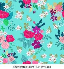 Boho seamless floral pattern with poppy, roses, daisy, marguerite, green and aqua twigs. Folk style millefleurs. Plant background for textile, wallpaper, pattern fills, covers, surface, print, wrap