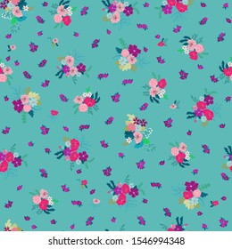 Boho seamless floral pattern with poppy, roses, daisy, marguerite, green and aqua twigs. Folk style millefleurs. Plant background for textile, wallpaper, pattern fills, covers, surface, print, wrap