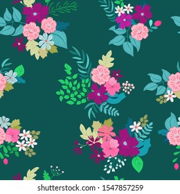 Boho seamless floral pattern with poppy, roses, daisy, marguerite, green and aqua twigs. Folk style millefleurs. Plant background for textile, wallpaper, pattern fills, covers, surface, print, wrap