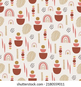 Boho seamless pattern with abstract geometric shapes on white background. Perfect for greetings card, wallpaper, wrapping paper, fabric. Vector illustration