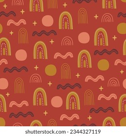 Boho seamless pattern with abstract geometric shapes on orange background. Perfect for wallpaper, gift paper, seasonal greeting cards. Vector illustration