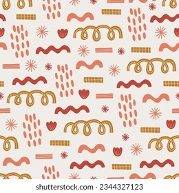 Boho seamless pattern with abstract geometric shapes, flowers and stars on white background. Perfect for wallpaper, gift paper, seasonal greeting cards. Vector illustration