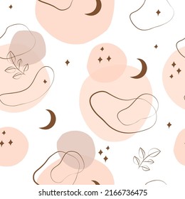 Boho seamless pattern with abstract shapes in pastel colors and curves, stars, moon, leafy branches. Minimal wrapping paper. Contemporary mid century design.