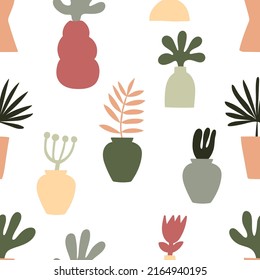 Boho seamless pattern with abstract simple shapes, tropical leaves and decorative elements. Can be used in textile industry, paper, background, scrapbooking.Vector.