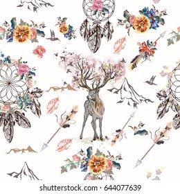 Bo-ho seamless pattern with arrows and dream-catchers