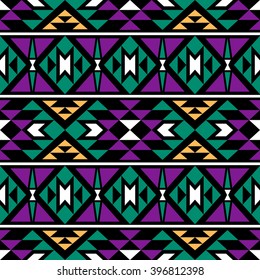 Boho seamless pattern with aztec motives. Folk style abstract wallpaper. Black background.
