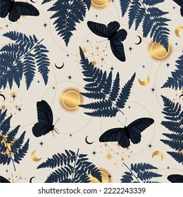 Boho seamless pattern and black moth  ferns   gold sun  Magic background and space elements stars  