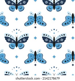 Boho seamless pattern with blue butterflies, moon phases and stars. Bohemian modern background. Celestial wrapping paper.