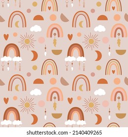 Boho seamless pattern. Bohemian rainbow with sun and cloud. Moon phases. Kid style for clothing, textile and background. Vector stock illustration