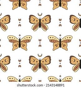 Patrón ininterrumpido de Boho con mariposas marrones, fases lunares y centavos. Marco bohemio moderno. Papel de envoltura celeste.