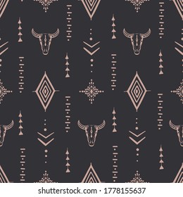 Boho seamless pattern bull skull with horns & ethnic arrangement on  background. Minimalist objects one line style. Vector Illustration.
