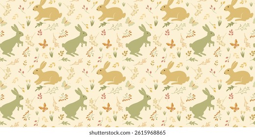 Boho Seamless Pattern with Bunnies and Summer Wildflowers. Hand-drawn Vector pattern in bohemian style on a light background. Perfect for fabric, kids textiles, wrapping paper, nursery decor.