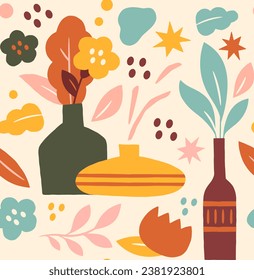 Boho seamless pattern concept. Repeating design element for printing on fabric. Flowerpots and vases with leaves. Wallpaper and texture for website. Cartoon flat vector illustration