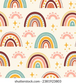 Boho seamless pattern concept. Repeating design element for printing on fabric. Rainbows with stars and sparkles. Poster or banner for website. Cartoon flat vector illustration