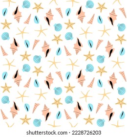 Boho seamless pattern with conch shells and sea stars on white background.