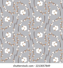 Boho seamless pattern with cotton plant on gray background.