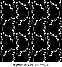 Boho seamless pattern with cotton plant on black background.