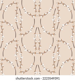 Patrón ininterrumpido de Boho con planta de algodón sobre fondo beige.
