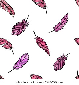 Boho seamless pattern created from hand sketched feathers on a white background. Perfect for textile and fabric design, product packaging, stationery, invitation, leaflet, banner, wrapping paper.