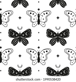 Boho seamless pattern with crescent moon, black and outline butterflies, crescent moon, stars. Bohemian modern background. Celestial wrapping paper.