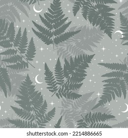 Boho seamless pattern with crescent, stars and fern. Bohemian modern background. Celestial wrapping paper.