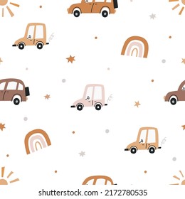 Boho seamless pattern with cute cars. Pattern for bedroom, wallpaper, kids and baby wear.