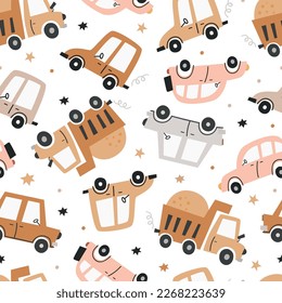Boho seamless pattern with cute cars. Pattern for bedroom, wallpaper, kids and baby wear.