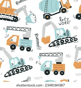 Boho seamless pattern with cute cars. Pattern for bedroom, wallpaper, kids and baby wear.